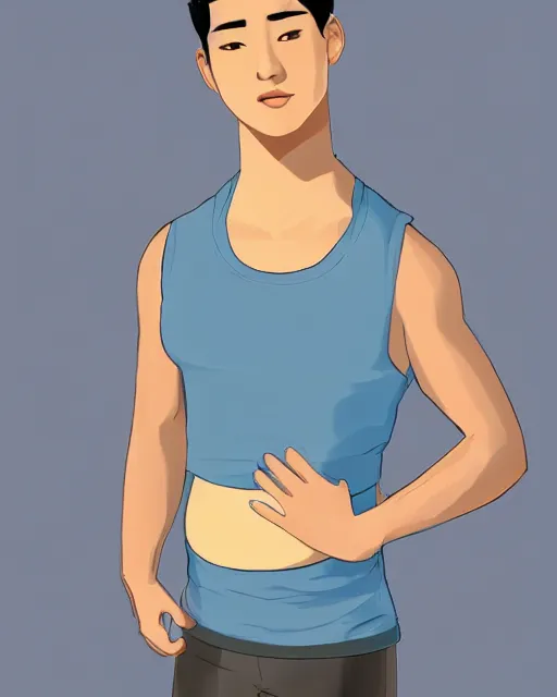 Prompt: Young male Asian protagonist wearing a sleeveless shirt and a big pregnant belly arching his back, artstation, concept art