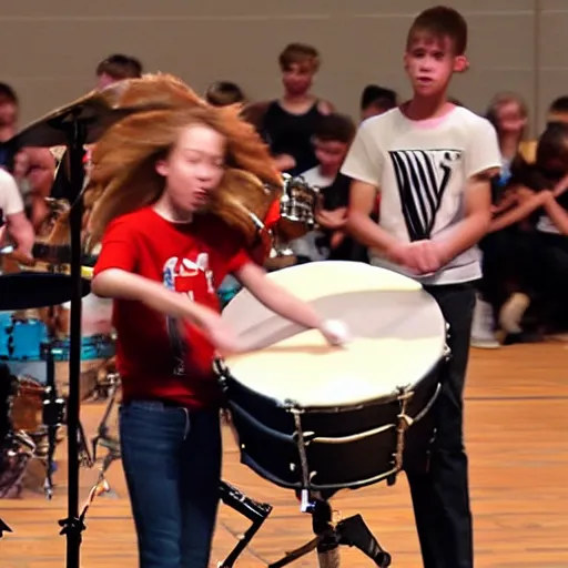 Image similar to the coolest kid in middleschool performing a super drum solo at the talent show