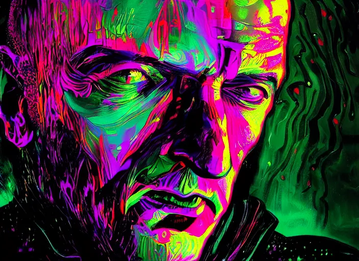 Prompt: A psychedelic portrait of evil demonic jeff bezos engulfed in puddle of black ink, vibrant color scheme, highly detailed, in the style of romanticism, cinematic, artstation, Moebius, Greg rutkowski