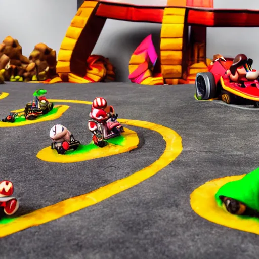 Image similar to diorama of a lava-themed mario kart track, studio lighting, high quality photo