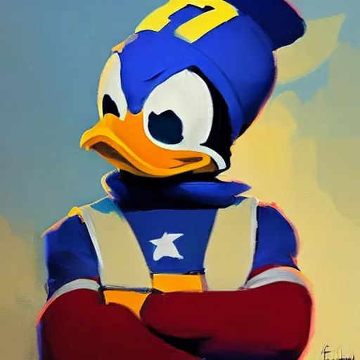 Prompt: greg manchess portrait painting of donald duck as overwatch character, medium shot, asymmetrical, profile picture, organic painting, sunny day, matte painting, bold shapes, hard edges, street art, trending on artstation, by huang guangjian and gil elvgren and sachin teng