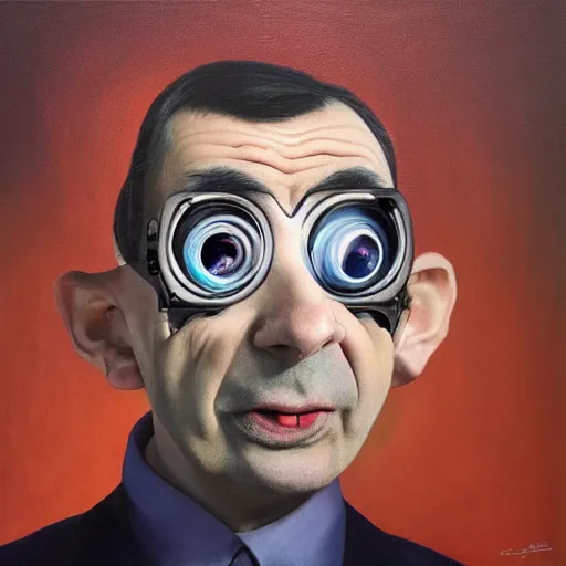 Prompt: a realistic oil painting of mr bean as a cybernetic cyborg, surrealism portrait, surrealism album cover