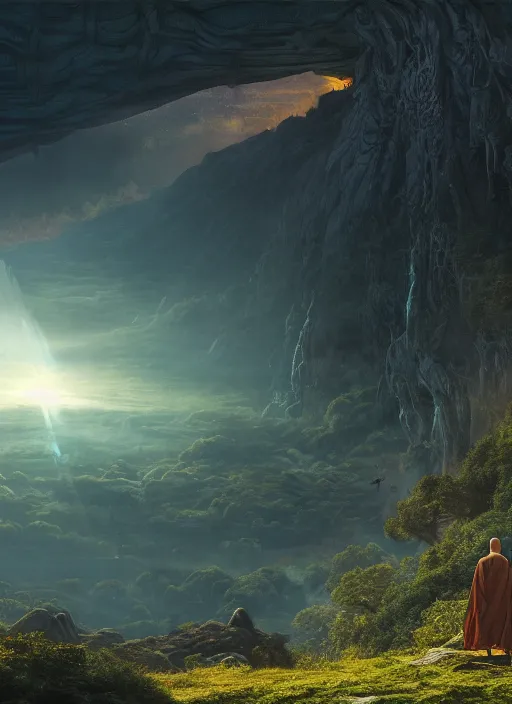 Image similar to a cosmic monk in lord of the rings scenery landscape, looking out at a lush valley, gigantic alien spacecraft in the sky, sunrise, god's rays, highly detailed, vivid color, cinematic lighting, perfect composition, 8 k, gustave dore, derek zabrocki, greg rutkowski, belsinski, octane render