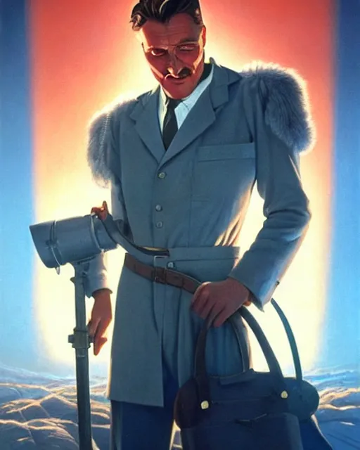 Image similar to Errol Flynn as a scientist. 1980s dystopian Soviet Russia, propaganda screens. Unreal engine, fantasy art by Rhads. Faithfully depicted facial expression, perfect anatomy global illumination, radiant light, detailed and intricate environment