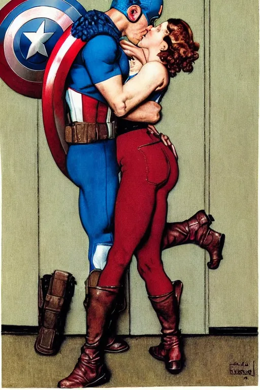 Prompt: norman rockwell painting of captain america romantically kissing captain america