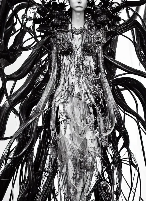 Image similar to walking down the catwalk, ben watts, show, stage, vogue photo, podium, fashion show photo, historical baroque dress dark, iris van herpen, beautiful woman, masterpiece, intricate, biopunk, vogue, full body shot, alien, plant predator, guyver, jellyfish, white biomechanical details, highly detailed