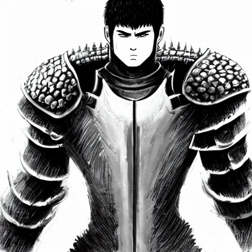 Prompt: black and white portrait painting of guts from berserk in his berserker armor