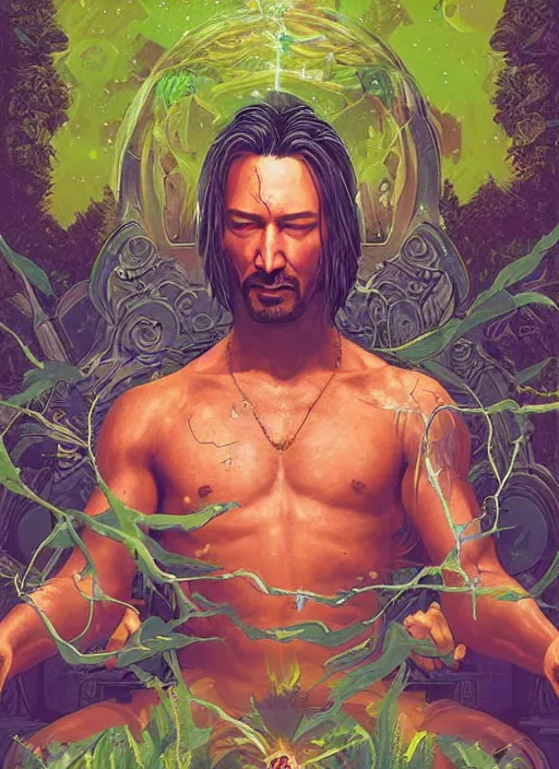 Image similar to a comic book style fantasy portrait painting of Keanu Reaves as a monk meditating in a bright serene lush green temple setting, art by Tristan Eaton, Stanley Artgerm, Tom Bagshaw, Greg Rutkowski, Carne Griffiths