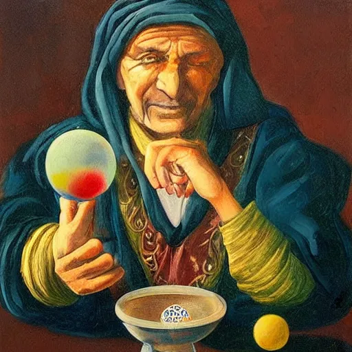 Image similar to painting by remus grecu, of fortune teller with crystal ball, and wealthy customer