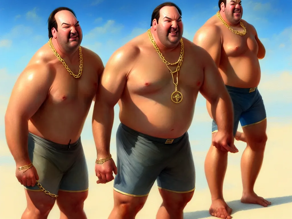 Prompt: super muscular kevin malone wearing cycling shorts and gold chains laying on the beach, elegant, real life skin, intricate, high detailed, artstation, concept art, smooth, sharp focus, art by artgerm and greg rutkowski