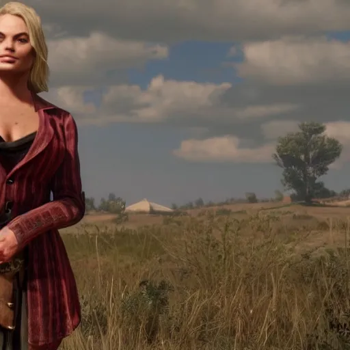 Image similar to margot robbie in red dead redemption 2, highly detailed