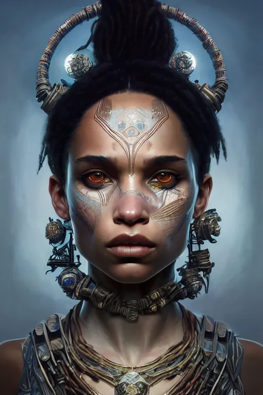 Image similar to symmetry!! portrait of zoe kravitz in the style of god of war, machine parts embedded into face, intricate, elegant, highly detailed, digital painting, artstation, concept art, smooth, sharp focus, illustration, art by artgerm and greg rutkowski and alphonse mucha, 8 k