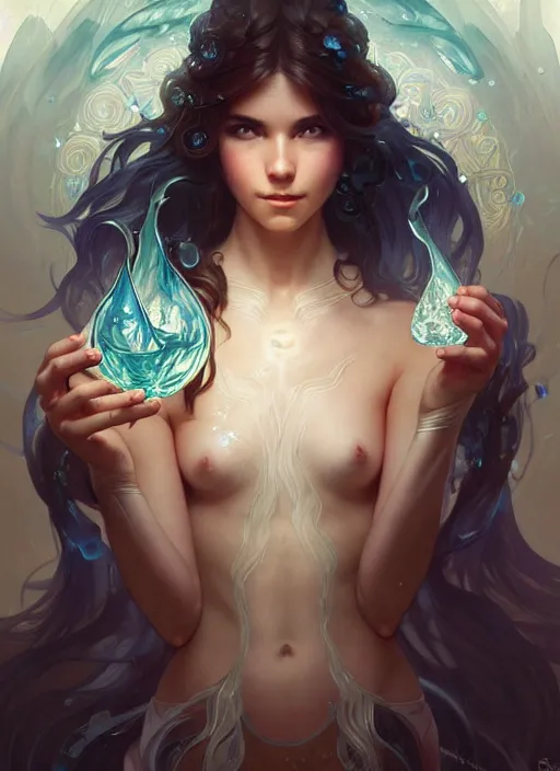 Prompt: summoner with a cute water elemental, fantasy, intricate, elegant, highly detailed, digital painting, artstation, concept art, wallpaper, smooth, sharp focus, illustration, art by artgerm and greg rutkowski and alphonse mucha