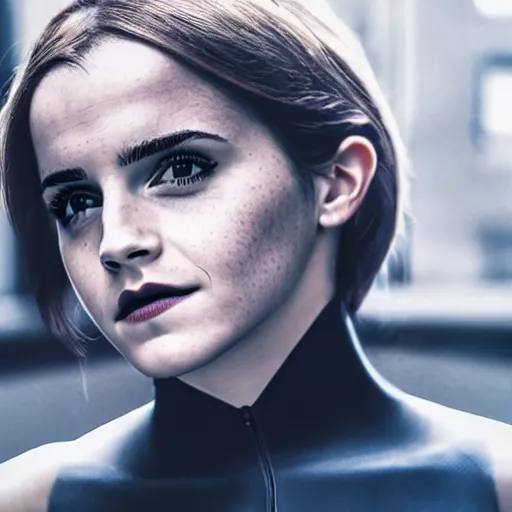 Image similar to Emma Watson as Catwoman, XF IQ4, 150MP, 50mm, f/1.4, ISO 200, 1/160s, natural light, Adobe Lightroom, photolab, Affinity Photo, PhotoDirector 365, filling the frame, rule of thirds, symmetrical balance, depth layering, polarizing filter