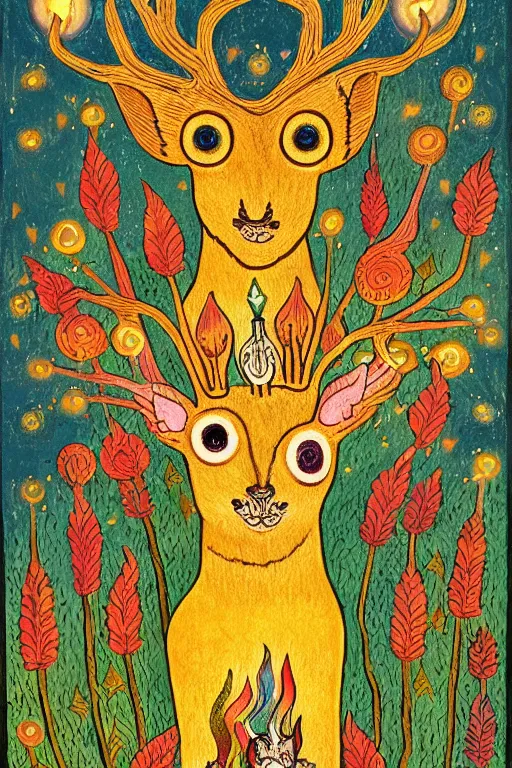 Image similar to tiny golden deer glowing eyes and sun ray mane holding lit matches and singing, children's book illustration, traditional folk art style, gouache on paper, outsider art, David Palladini, Mu Pan, Carson Ellis, Julia Sarda, tarot card, Henry Darger, Louis Wain