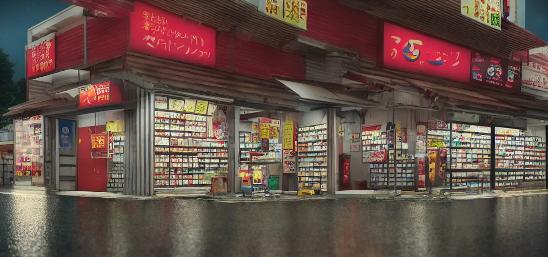 Image similar to photo of a japanese convenience store at night in the rain on side of highway, rendered in octane, highly detailed, award winning