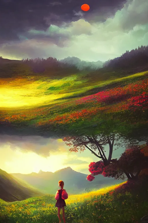 Image similar to giant daisy flower head, girl hiking in the mountains, surreal photography, sunrise, dramatic light, impressionist painting, colorful clouds, digital painting, artstation, simon stalenhag