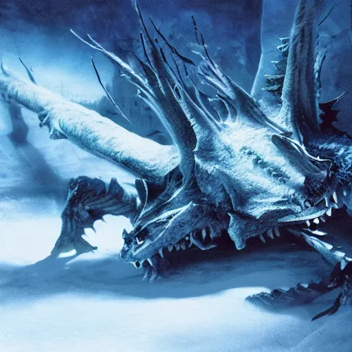 Image similar to dead blue dragon, in the snow, ethereal, matte painting, still from the movie, high fantasy,