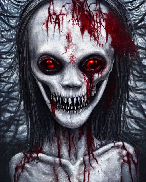 Image similar to Horrifying detailed painting of a pale, emaciated humanoid creature. It has sharp teeth and claws with pale milky eyes; snow, woods, blood; dark cinematic lighting, hyper detailed, moody