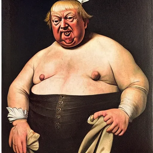 Prompt: a caravaggio portrait of donald frump, trumps much fatter and weirder looking cousin