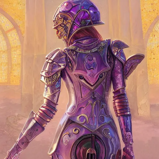 Image similar to portrait knights of Zodiac girl, metalic pink and pastel purple reflected armor, in ruined Agora of Athens sunrise, ssci-fi, fantasy, intricate, very very beautiful, elegant, golden light, highly detailed, digital painting, artstation, concept art, smooth, sharp focus, illustration, art by tian zi and WLOP and alphonse mucha