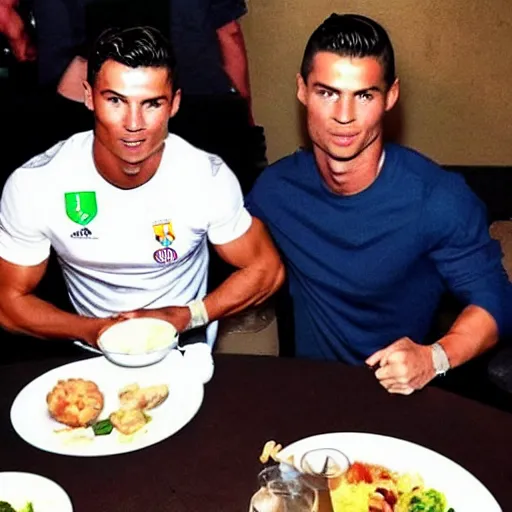 Prompt: Cristiano Ronaldo, Messi and yoda eat dinner together