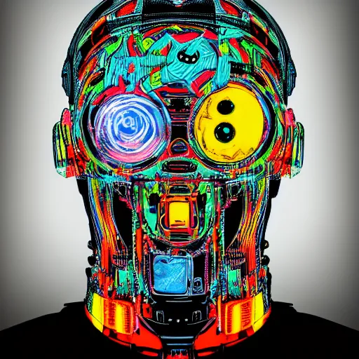 Image similar to black tshirt with a hyperdetailed portrait of a spaced out diesel punk robot, 8 k, symetrical, flourescent colors, multicolored,