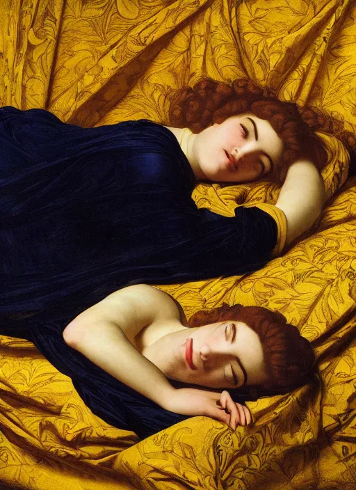 Prompt: masterpiece portrait of lady reclining on bed, draping flowing raising twisting rising sheets floating through space flying, wearing yellow ochre ornate medieval dress, vertical, foreshortening, colour photography by frederic leighton, william morris, 8 k