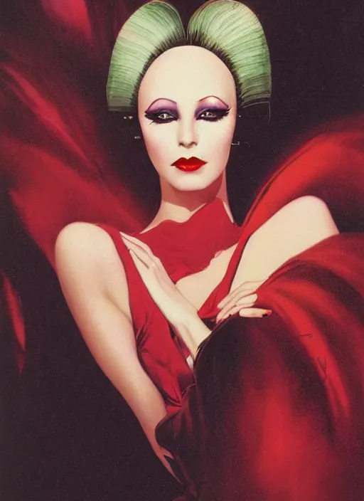 Image similar to an 8 0 s portrait of a woman with dark eye - shadow and red lips with dark slicked back hair dreaming acid - fueled hallucinations by serge lutens, rolf armstrong, delphin enjolras, peter elson