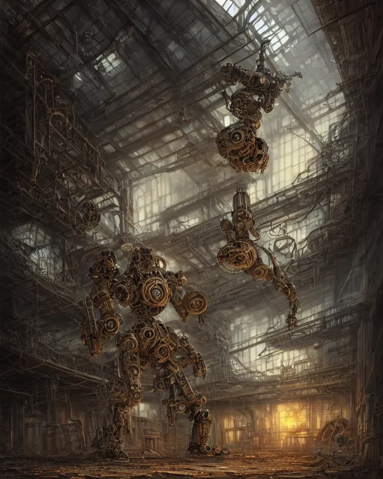 Image similar to low angle shot of a giant steampunk robot character in an abandoned factory, intricate, elegant, highly detailed, centered, digital painting, artstation, concept art, smooth, sharp focus, illustration, artgerm, tomasz alen kopera, peter mohrbacher, donato giancola, joseph christian leyendecker, wlop, boris vallejo