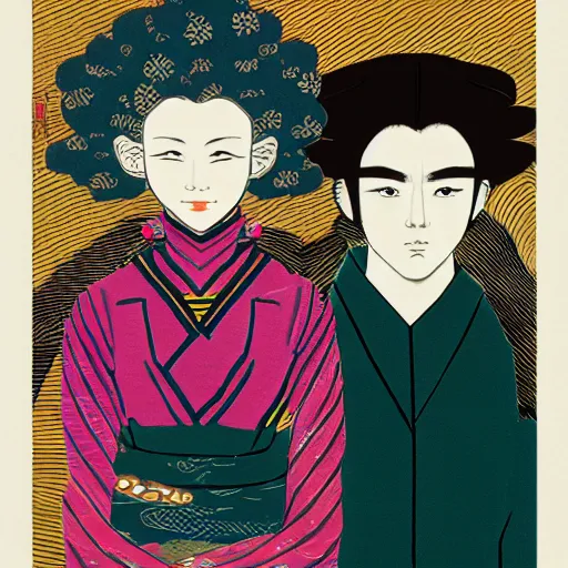 Image similar to portrait of two characters in the style of genshin impact art style and victo ngai