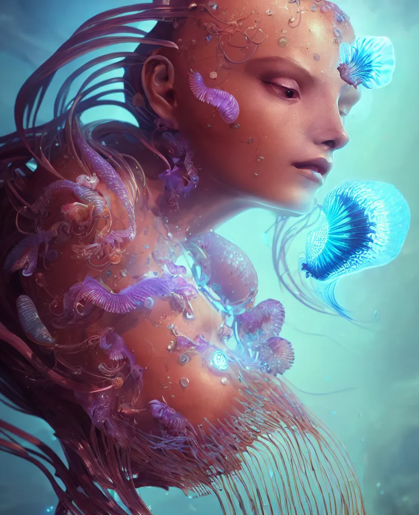 Image similar to goddess close-up portrait. orchid jellyfish phoenix head, nautilus, skull, betta fish, bioluminiscent creatures, intricate artwork by Tooth Wu and wlop and beeple. octane render, trending on artstation, greg rutkowski very coherent symmetrical artwork. cinematic, hyper realism, high detail, octane render, 8k