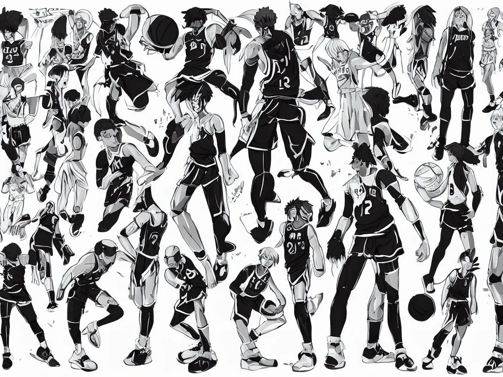 Prompt: anime model sheet of a cyborg basketball player by studio trigger