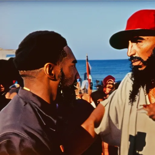 Image similar to cinematic shot of tupac shakur and fidel castro shaking hands in a cuban resort, 8 k, very detailed, very intricate, detailed faces,