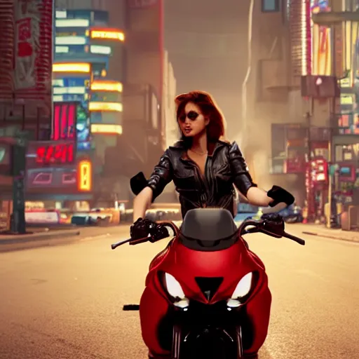 Prompt: A film still of a female terminator holding a kinfe and riding a red sports bike in a cyberpunk city