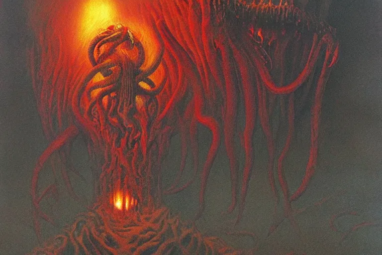 Image similar to Cthulhu burning Zdzislaw Beksinski, highly detailed