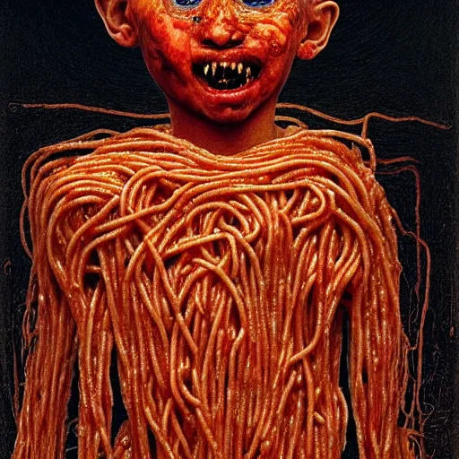 Prompt: a boy made of spaghetti and tomato sauce, looking straight into camera, screaming in desperation, by giuseppe arcimboldo and ambrosius benson, renaissance, fruit, intricate and intense oil paint, a touch of beksinski and hr giger and edward munch, realistic