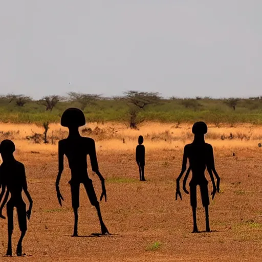 Prompt: tall thin dark aliens disembarking ufo in african savannah, fear, uncertainty, doubt, grainy photo, specular highlights, telephoto lens, photography