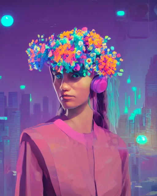 Image similar to a digital painting of a woman with flowers in her hair, cyberpunk art by beeple, behance contest winner, retrofuturism, voxel art, # pixelart, dystopian art