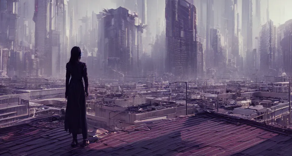 Prompt: woman standing on a rooftop in a cyberpunk city, intricate artwork by tooth wu and wlop and beeple, octane render, hyper realism, 8 k