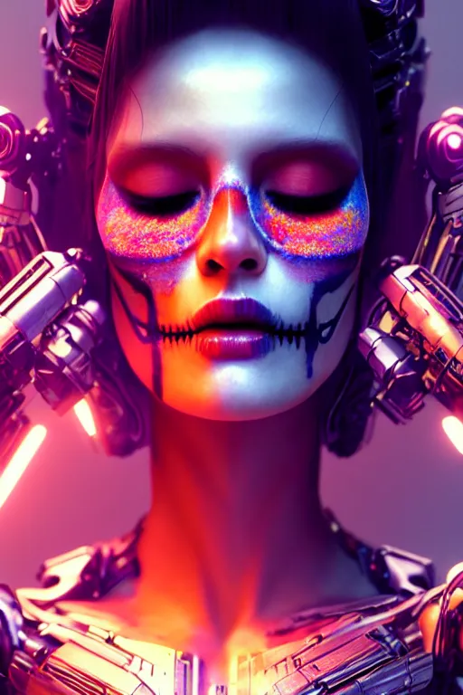 Prompt: beautiful android woman, eyes closed, weeping!, photorealistic cinematic, 3 d model, cyborg, postcyberpunk, blade runner, octane render, triadic color scheme, concept art, vogue, 8 k, intricate detailed environment el dia los muertos. by terry oneill and artgerm and kuciara and mucha