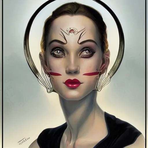 Image similar to a streamline moderne, art nouveau, multi - ethnic and multi - racial portrait in the style of charlie bowater, and in the style of donato giancola, and in the style of charles dulac. clear, expressive, very large eyes. symmetry, centered, ultrasharp focus, dramatic lighting, photorealistic digital painting, elegant, intricately detailed background.