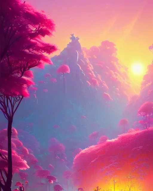 Image similar to candyland landscape | cherry - blossoms | highly detailed | very intricate | fantasy whimsical magical | soft bright natural morning light | pixar | award - winning | matte painting by anton fadeev and paul lehr and rhads and alena aenami | pastel color palette | featured on artstation
