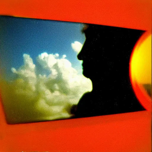 Prompt: pinhole photo : dream, smoke, clouds, silhouette, face, mirror, double exposure, chromatic aberration, kodachrome, red and yellow light