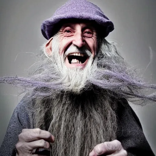 Image similar to a crazy old druid wizard, bald, bushy grey eyebrows, long grey hair, disheveled, wise old man, wearing a grey wizard hat, wearing a purple detailed coat, a bushy grey beard, sorcerer, he is a mad old man, laughing and yelling