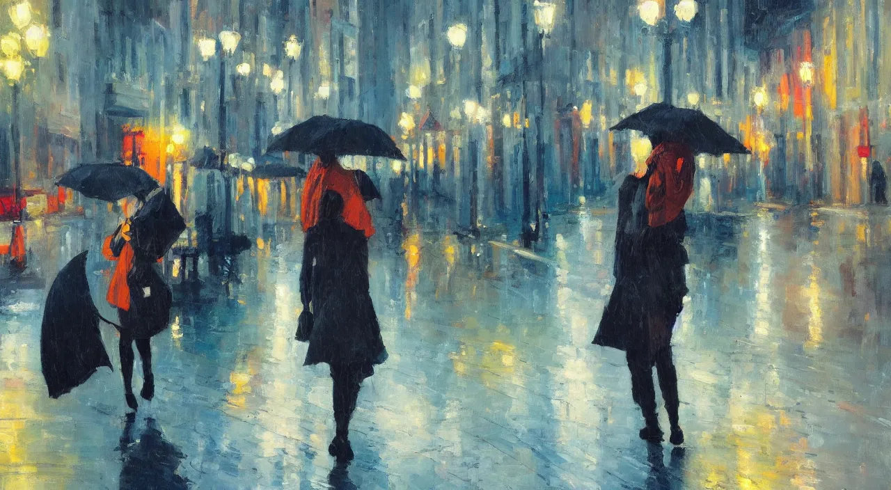 Prompt: evening city scene with young woman with umbrella. beautiful use of light and shadow to create a sense of depth and movement. uses energetic brushwork and a limited color palette, providing a distinctive look and expressive quality in a rhythmic composition