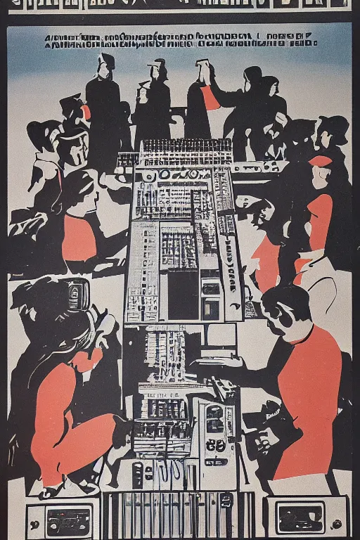 Prompt: soviet propaganda poster of a modular sound synthesizer