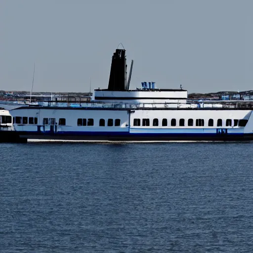 Prompt: a blue white black ferry at the sea outside helsingborg