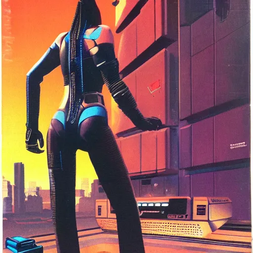 Image similar to cable plugged into cyberdeck, back of head, cyberpunk woman, computer, 1 9 7 9 omni magazine cover, style by vincent di fate, cyberpunk 2 0 2 0