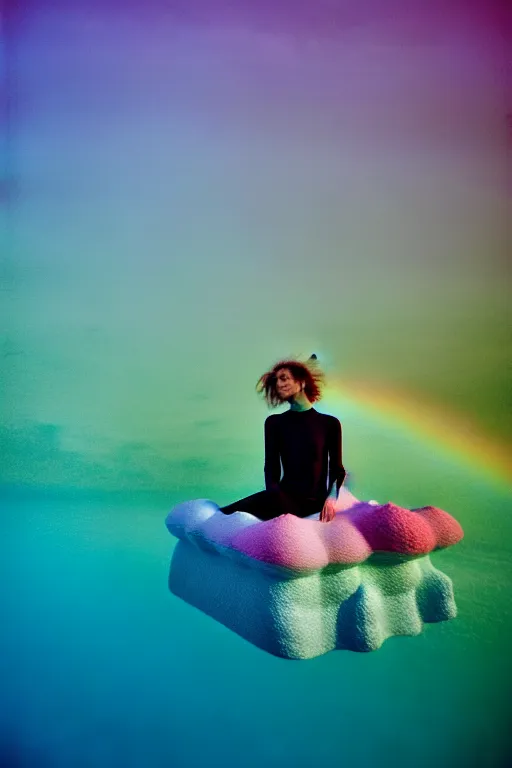 Image similar to high quality pastel coloured film close up wide angle photograph of a model wearing clothing swimming on cloud furniture in a icelandic black rock!! environment in a partially haze filled dreamstate world. three point light, rainbow. photographic production. art directed. pastel colours. volumetric clouds. pastel gradient overlay. waves glitch artefacts. extreme facial clarity. 8 k. filmic.